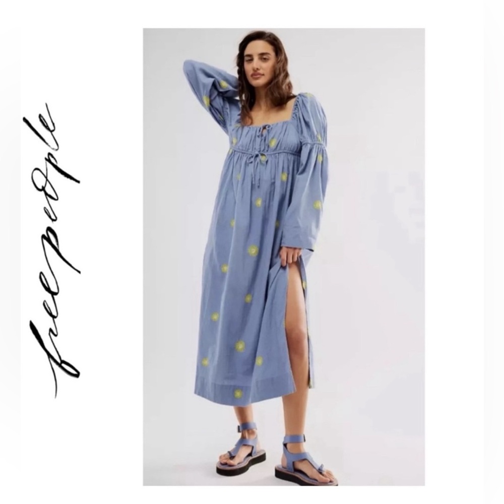 ☀️ Free People Emory Embroidered Blue Long Bell Sleeve Maxi Dress  NWOT ☀️